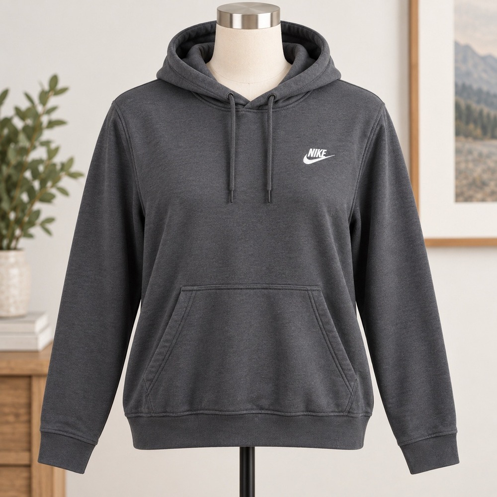Nike Pullover Hoodie Mens Large Black Embroidered Swoosh Fleece Sweatshirt 2906